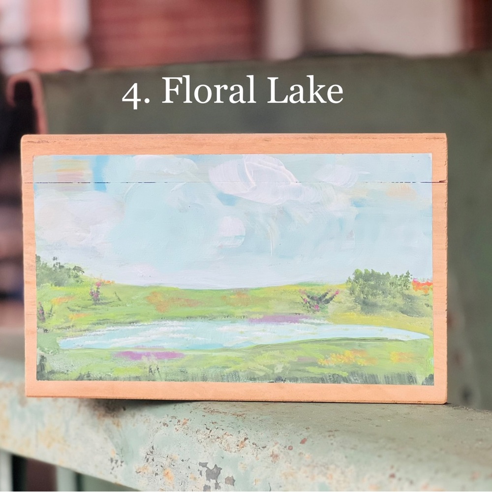 Floral Lake hand painted original art | Acrylic on wood painting, shelf decor